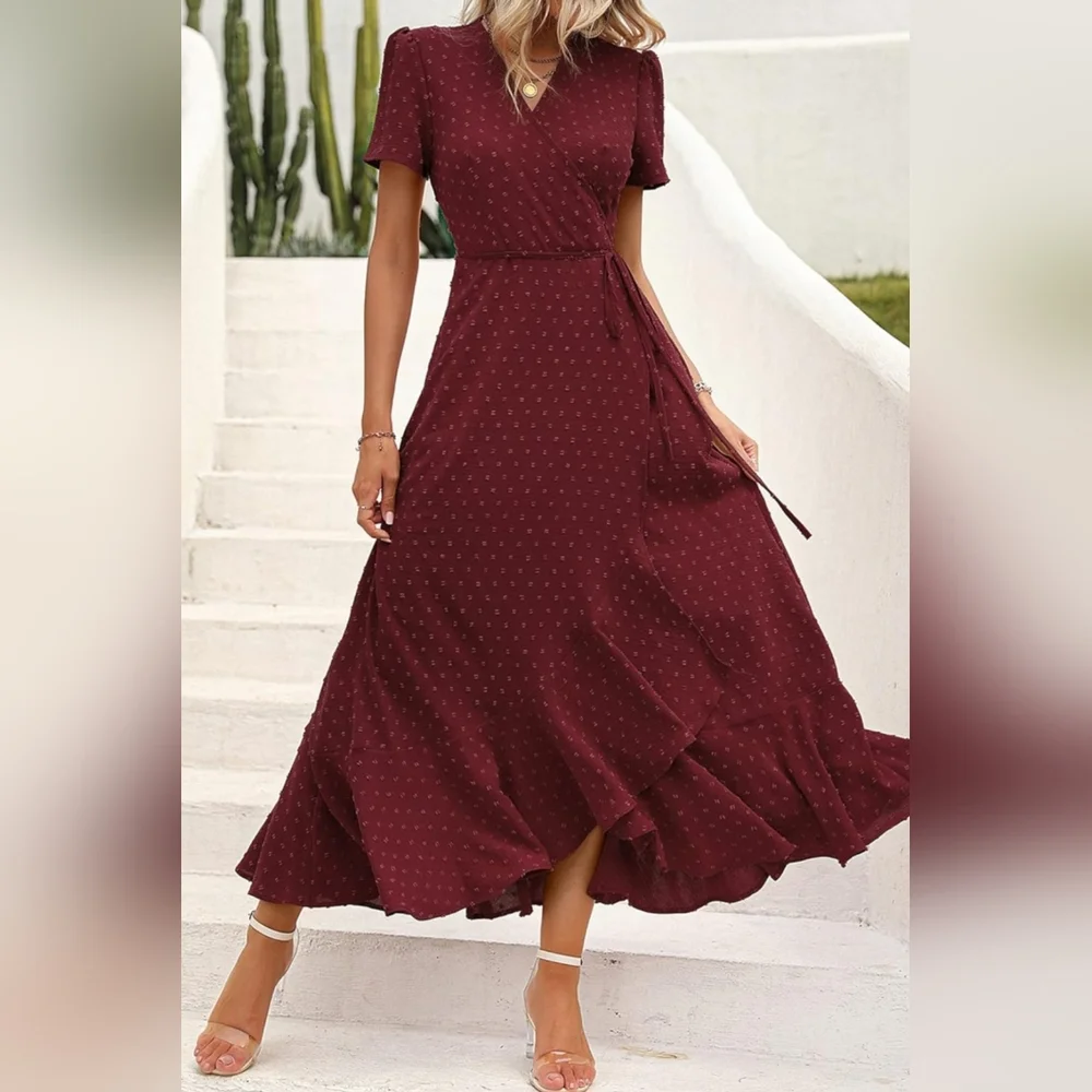 Swiss Dot Burgundy Wrap Dress - Picture 6 of 11